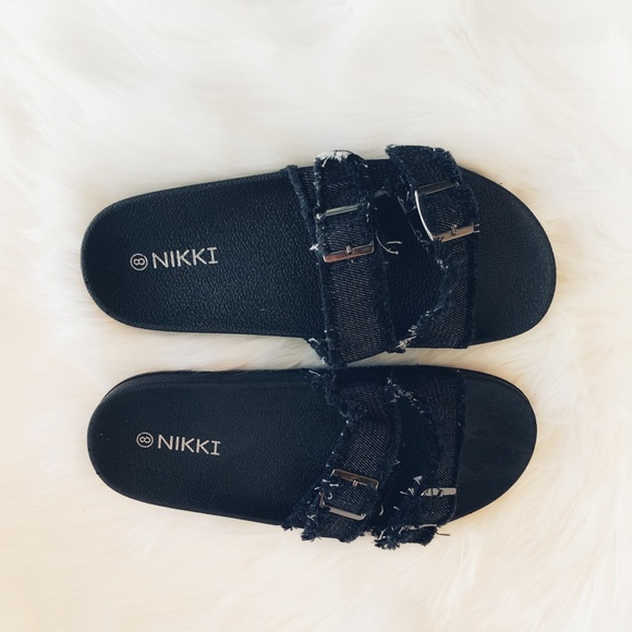 NIB Black Denim Double Buckle Slide Sandals | Women’s | Nikki | Frayed Strap - Picture 5 of 9